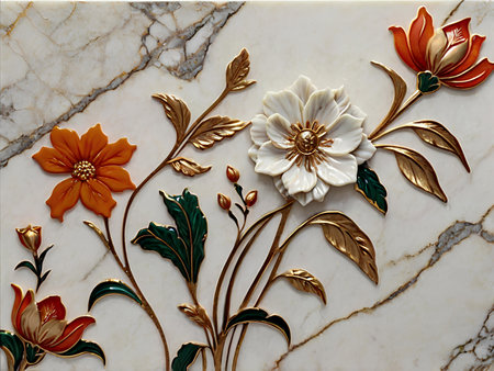 Floral ornament on the marble background, close-up, top viewの素材