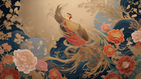 Beautiful peacock on the background of a floral ornament. Illustrationの素材