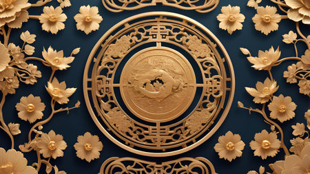 3D render of gold paper cut chinese zodiac sign with golden floral ornament on blue backgroundの素材