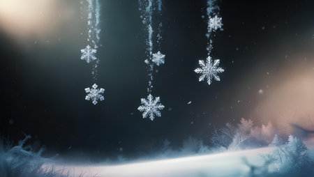 Snowflakes against snowy landscape with fir trees in forest at nightの素材
