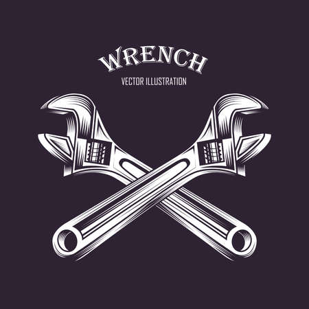 Wrench Vector Illustration Black and White Color Style, Screw Wrench vintage retro vector illustrationのイラスト素材