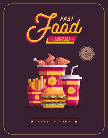 Fast Food Menu Poster Vector Illustration, brochure, flyer, banner, promotional product, burger, ham, fried chicken, soda, cola, french friesのイラスト素材