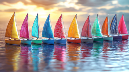 A stunning collection of colorful miniature sailboats line up on calm water, reflecting the vibrant hues of a sunset sky, evoking a sense of peace and adventure.の写真素材
