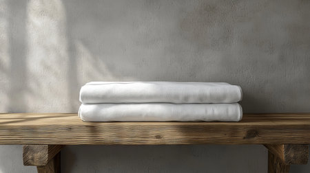 A serene view of soft white towels neatly stacked on a rustic wooden shelf, creating a calming and...