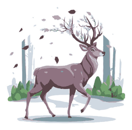 A charming cartoon vector illustration of a deer walking through a snow-covered forest. This artwork captures the serene beauty of winter with delicate falling leaves and a tranquil background, perfect for seasonal designs.のイラスト素材