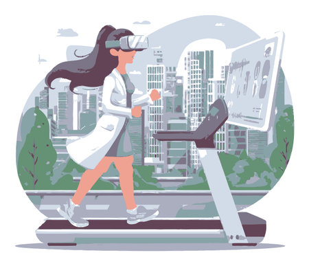 A vibrant illustration of a woman in a lab coat jogging on a treadmill, immersed in virtual reality. The urban skyline serves as a backdrop, symbolizing a blend of fitness and technology.のイラスト素材