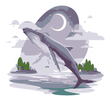 A charming cartoon vector of a whale breaching the water under a moonlit sky, surrounded by clouds and a tranquil seascape. Perfect for nature-themed projects.のイラスト素材