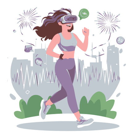 A vibrant illustration of a woman jogging in virtual reality. She wears a VR headset and appears upbeat amid a city background with fireworks. Perfect for fitness and technology themes.のイラスト素材