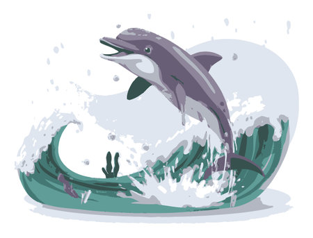 This vibrant cartoon vector features a joyful dolphin leaping from a colorful ocean wave, capturing the essence of marine playfulness and adventure.のイラスト素材