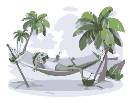 This playful vector illustration features a lizard lounging in a hammock surrounded by lush palm trees. Ideal for summer themes and relaxation concepts.のイラスト素材
