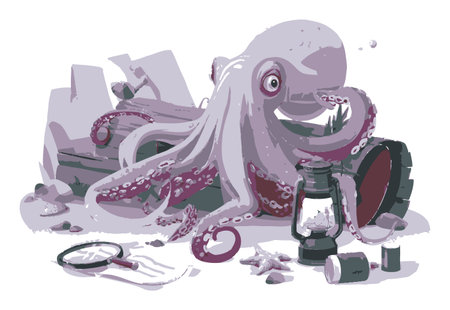 A whimsical cartoon octopus sits amongst adventure items, including a lantern and fishing net. This playful illustration captures a lighthearted underwater scene full of charm.のイラスト素材
