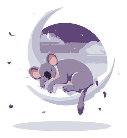 A delightful illustration of a cute cartoon koala sleeping on a crescent moon amidst a starry night sky, perfect for various creative projects.のイラスト素材