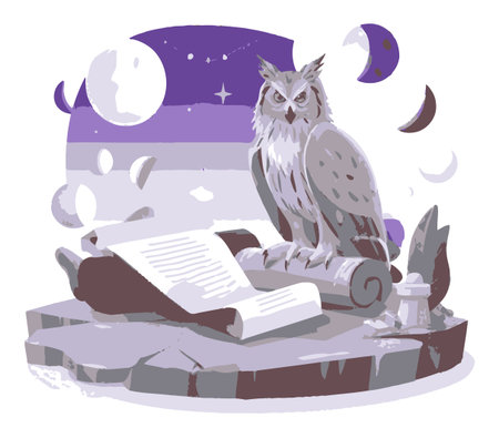 A whimsical cartoon owl perched on a scroll, set against a celestial background with moons and stars. This vector art captures a blend of wisdom and tranquility.のイラスト素材