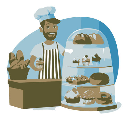 This vector illustration depicts a cheerful baker presenting a variety of pastries in a stylish...