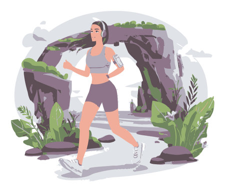 This vibrant illustration features a woman jogging in a picturesque natural landscape, embodying fitness and a healthy lifestyle amidst lush greenery and serene scenery.のイラスト素材