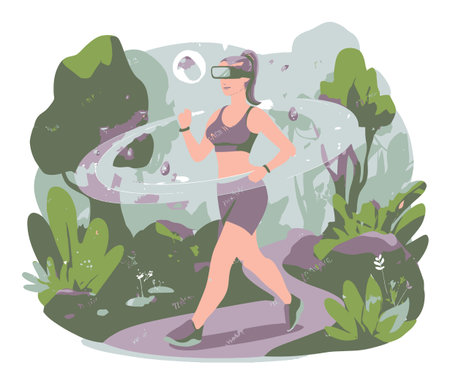 Vibrant vector illustration depicts a cartoon woman jogging outdoors wearing a virtual reality headset, surrounded by lush greenery and a serene landscape.のイラスト素材