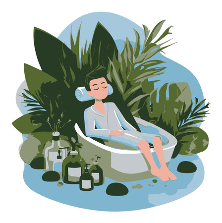 A serene illustration of a man relaxing in a bathtub amidst vibrant greenery and spa products, showcasing tranquility, self-care, and relaxation.のイラスト素材