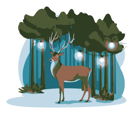 A stylish illustration of a deer standing elegantly in a geometric forest setting, capturing the tranquil beauty of wildlife in a modern art style. Perfect for nature-themed projects.のイラスト素材