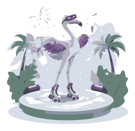 This vibrant cartoon illustration features a flamingo on roller skates amidst tropical palm trees, exuding energy and fun during a lively outdoor scene.のイラスト素材