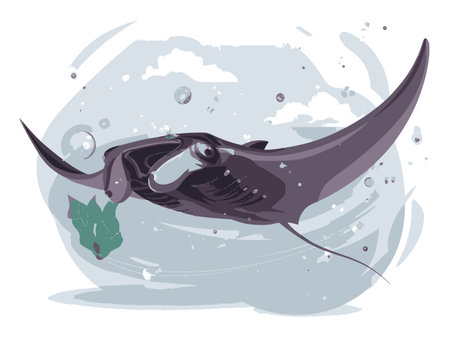 Explore a vibrant cartoon-style vector illustration of a manta ray swimming gracefully in the ocean,...