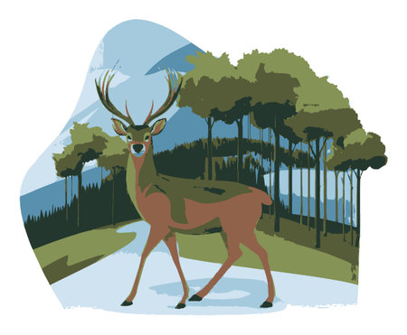Beautiful vector illustration of a majestic deer walking through a lush forest landscape, surrounded by green trees and mountainous backdrop, perfect for nature-themed projects.のイラスト素材