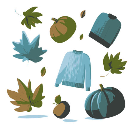 This flat vector illustration features cozy autumn elements, including a sweater, various leaves, and pumpkins, in a warm color palette. Perfect for seasonal themes.のイラスト素材