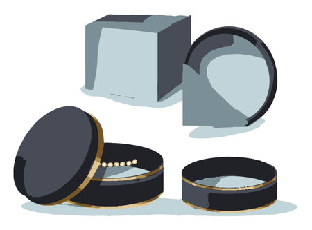 This flat vector illustration features elegant jewelry boxes, including a round and square design, ideal for showcasing accessories in a stylish manner.のイラスト素材
