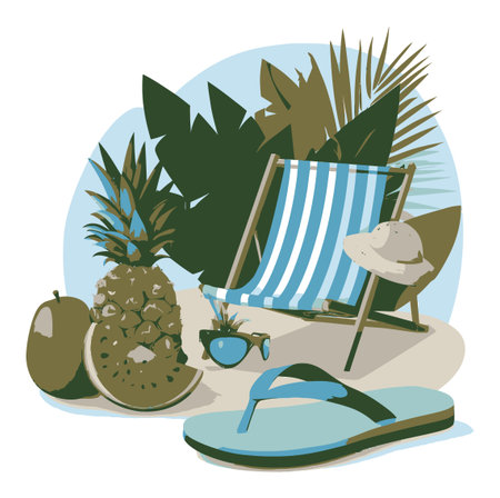 This vibrant illustration captures a tropical beach scene featuring a pineapple, watermelon, sunglasses, and a flip flop. The design evokes relaxation and summer vibes.のイラスト素材