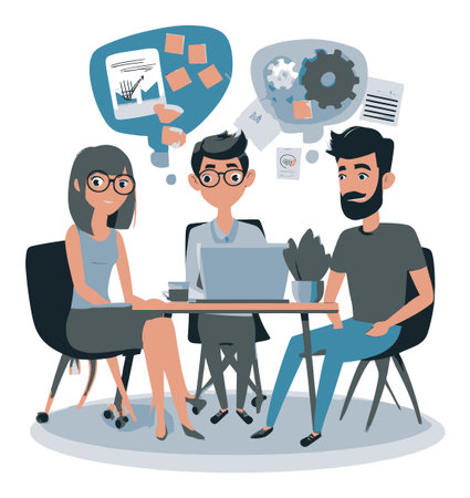 Engaging teamwork scene in a modern office, featuring three professionals discussing strategies with laptops and thought bubbles, conveying collaboration and creativity.のイラスト素材
