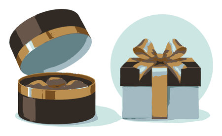 This stylish flat vector illustration features a chocolate gift box and an open container, perfect for celebrations and special occasions.のイラスト素材