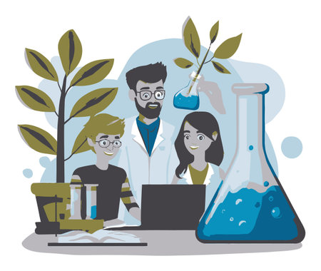 Bright and modern illustration of scientists conducting experiments in a laboratory, featuring plants and laboratory equipment, emphasizing education and innovation.のイラスト素材