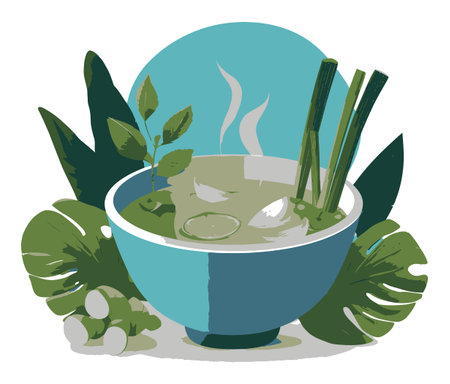 A vibrant illustration of a fresh herbal soup bowl surrounded by aromatic ingredients and green leaves, ideal for food-themed projects and culinary designs.のイラスト素材
