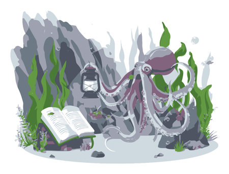 Explore a whimsical underwater scene featuring a cartoon octopus holding a lantern beside an open book. Perfect for creative projects and marine themes.のイラスト素材