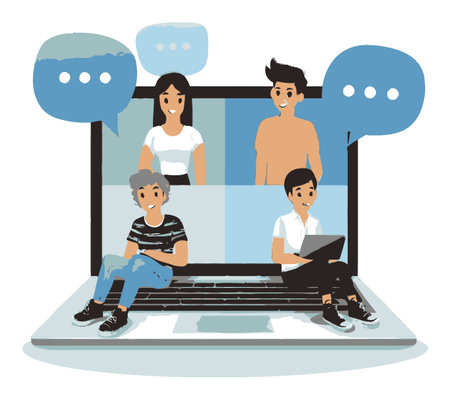 A colorful vector illustration showing a diverse group of young people engaging in virtual communication through a laptop, depicting modern social interactions.のイラスト素材