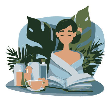 This artistic representation showcases a tranquil woman in a spa setting, surrounded by plants, drinks, and a book, emphasizing relaxation and self-care.のイラスト素材