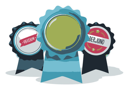 This flat vector illustration features colorful badges and awards with ribbon designs, ideal for celebrating achievements and recognition in various contexts.のイラスト素材
