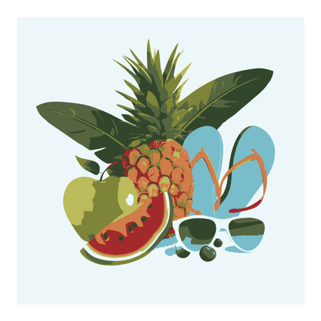Vibrant flat vector image featuring tropical fruits like pineapple, watermelon, and apple alongside...