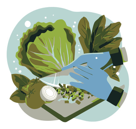 A vibrant illustration showcasing the preparation of fresh vegetables, highlighting a hand chopping ingredients like lettuce and cabbage, emphasizing healthy cooking.のイラスト素材