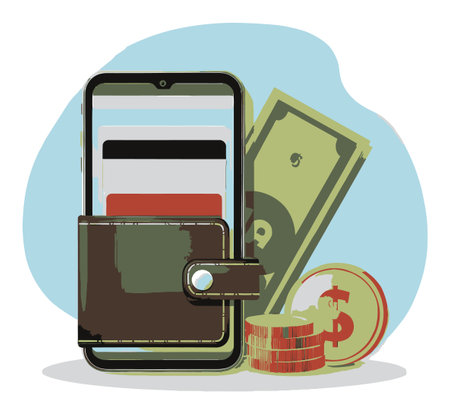 A modern vector illustration of a smartphone wallet displaying cash, credit cards, and coins. Ideal for financial themes, banking services, and digital payment concepts.のイラスト素材