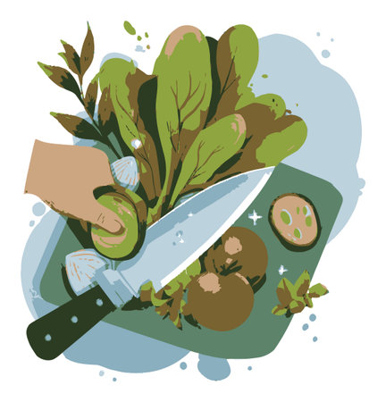 A vibrant vector illustration showcasing fresh vegetables being chopped with a knife, highlighting healthy eating and culinary creativity in a contemporary style.のイラスト素材