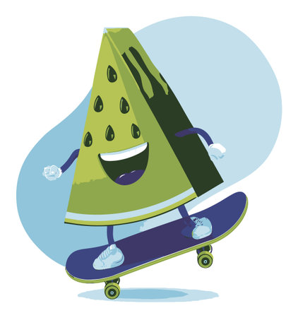 A joyful watermelon character skateboards with excitement, showcasing a whimsical design. This colorful vector art captures youthful energy and fun. Perfect for dynamic themes!のイラスト素材
