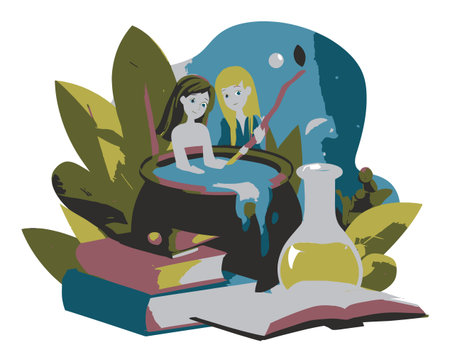 Explore a whimsical flat vector illustration of two girls engaged in magic activities. One is stirring a potion in a cauldron, surrounded by books and vibrant foliage.のイラスト素材