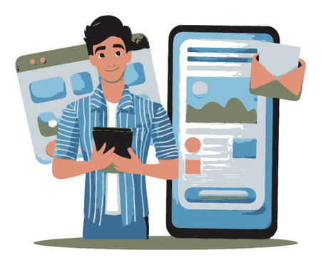 A cheerful young person holds a plant while standing beside mobile phone and web design elements, representing modern lifestyle and eco-friendly concepts in a digital world.のイラスト素材