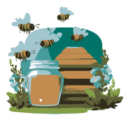A vibrant flat vector illustration featuring bees buzzing around a jar of honey next to a beehive, surrounded by blooming flowers and lush greenery.のイラスト素材