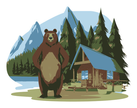 Discover a charming illustration of a bear standing proudly near a rustic cabin in a serene mountain setting, perfect for outdoor and nature-themed projects.のイラスト素材