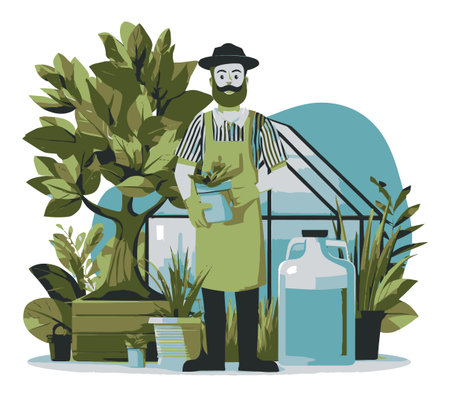 This vector illustration showcases a gardener standing in a greenhouse surrounded by vibrant plants and trees, perfect for nature and gardening themes.のイラスト素材