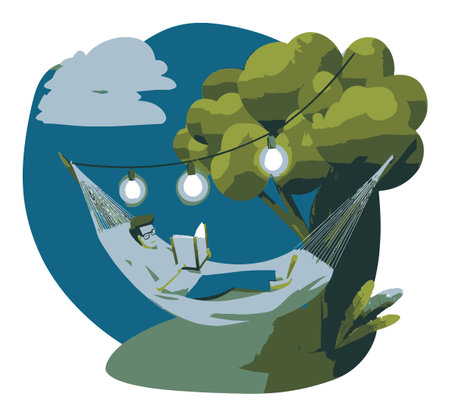 A vibrant flat vector illustration of a person enjoying reading in a hammock under a tree. Peaceful scene with decorative lights. Perfect for relaxation and leisure themes.のイラスト素材