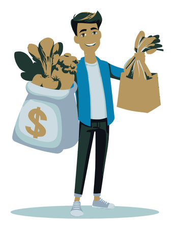 Cheerful young man holding grocery bags and a money bag, representing shopping and healthy living. Vibrant illustration perfect for visual storytelling.のイラスト素材