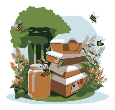 A flat vector illustration featuring a beehive, honey jar, and lush flowers. Perfect for...