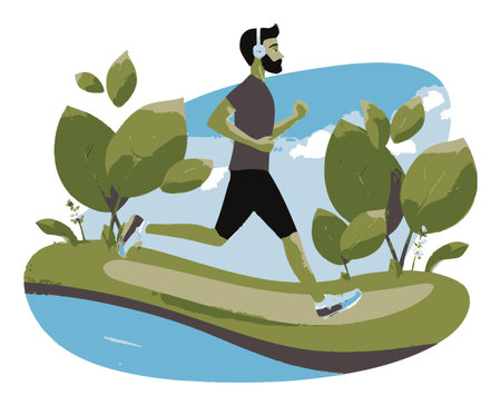 A vibrant flat vector illustration of a man running outdoors in a natural setting. Perfect for fitness or wellness themes, showcasing an active lifestyle.のイラスト素材